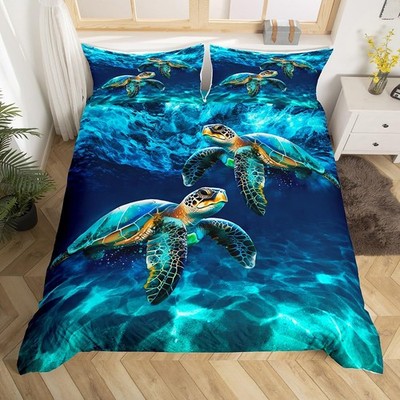 Sea Turtle Duvet Cover King Size,Hawaii Tropical Marine Life Bedding Set 3Pcs fo