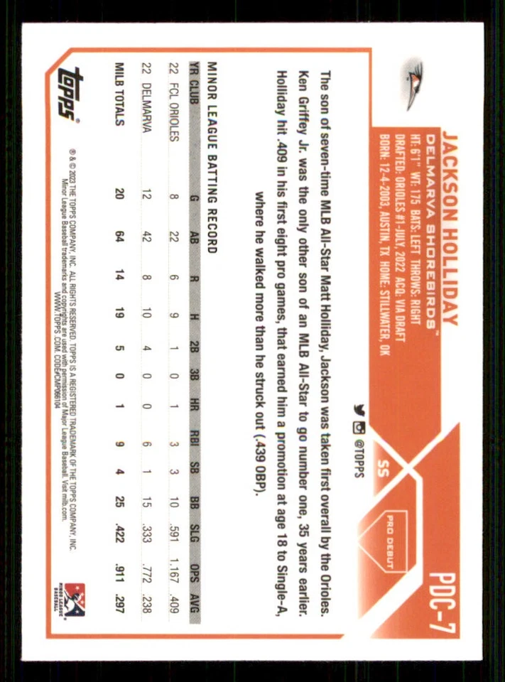 2023 Topps Pro Debut Chrome #PDC7 Jackson Holliday - Image 2 of 2