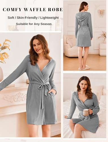 Robes for Women Waffle Knit Hooded Bathrobe Lightweight Robe Large Light Gray - Picture 4 of 7