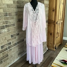 VINTAGE Avon Style Pink Lace Nightgown Robe Set Womens L USA 2-PC Sleepwear 3D1