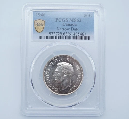1946 Canadian 50 Cents .800 Silver PCGS MS63 Narrow Date Gold Shield- T231