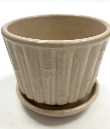 Vintage McCoy Pottery Bamboo Planter 4.5" Flower Pot with Attached Saucer #0373