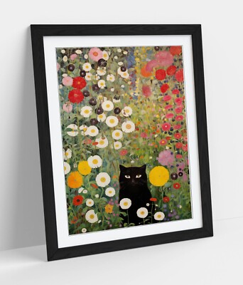 GUSTAV KLIMT FLAUSCHIGE SCHWARZE KATZE UNTER BLUMEN - GERAHMTER WANDKUNST POSTER PAPIERDRUCK