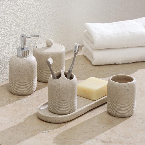 5 Pc Bathroom Accessory Set Soap Toothbrush Holder Cup Jar Stoneware Look - Picture 3 of 3