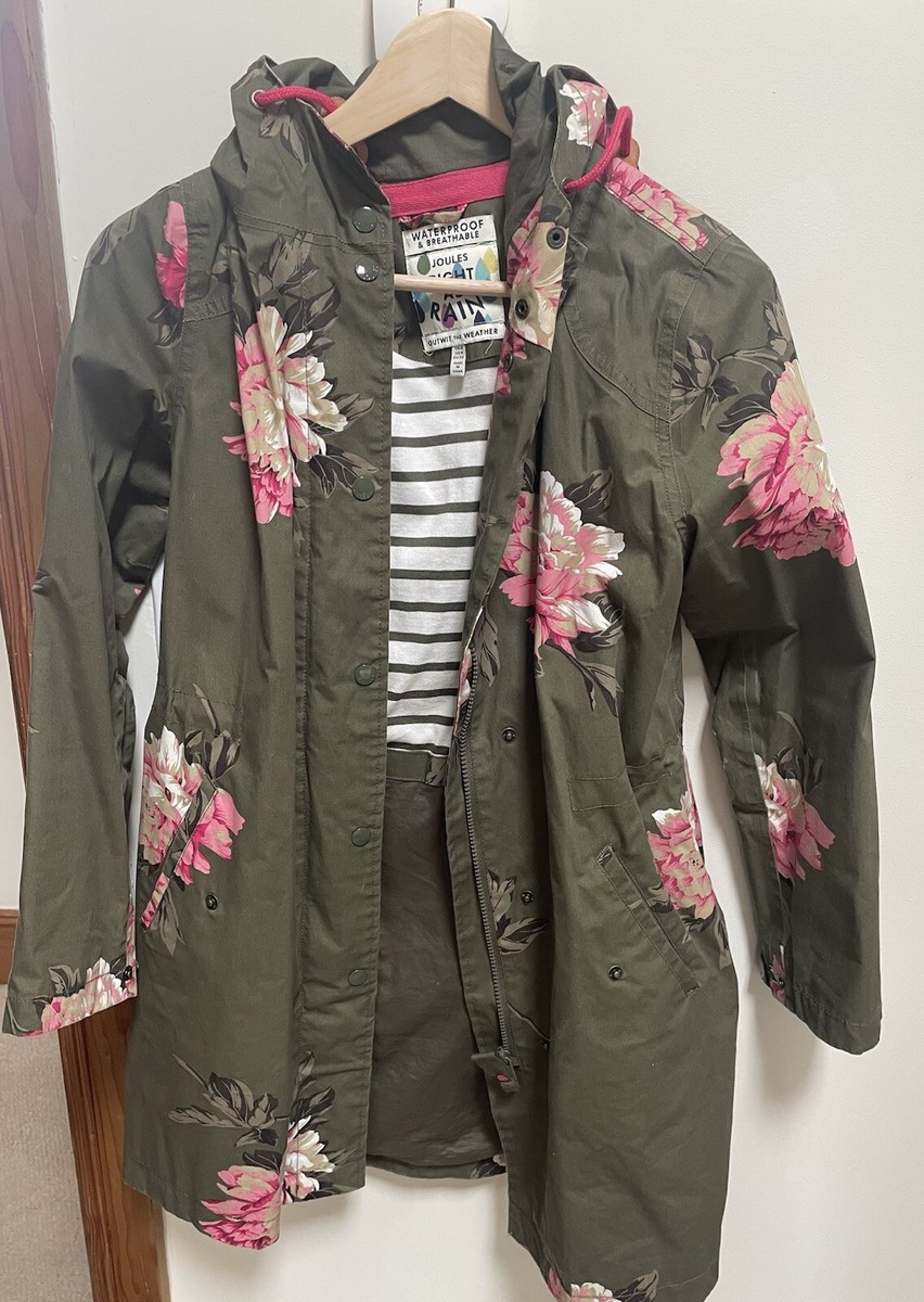 Joules Rain Waterproof Coat Green Floral Hooded Parka Jacket Size