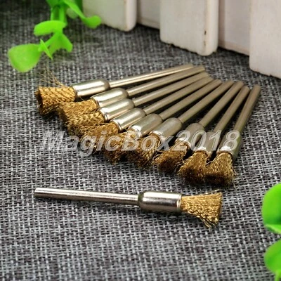 10Pcs 6mm Dia Pen Shape Brass Polishing Rotary Brushes 3mm Shank for Power Drill