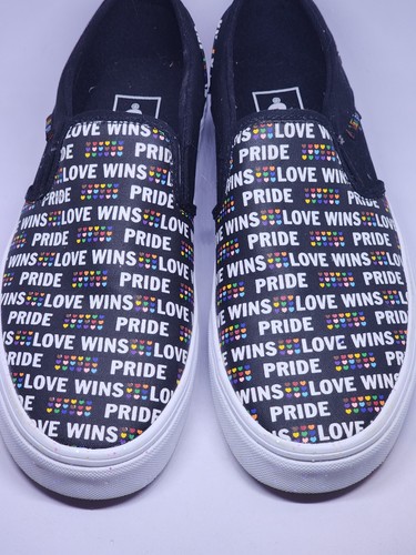 Vans Damen Pride Love Wins Asher Slipper schwarze Schuhe Größe 9 Regenbogenglitzer