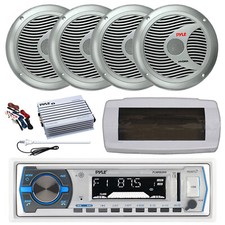 Pyle Bluetooth Marine Radio,Cover,Antenna,Amp w/Kit, 4x 6.5" 150W Silver Speaker