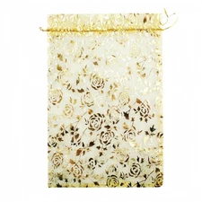 8 x 12 Inch 100 Drawstring Organza Bags, Gold Flower, Wedding Pouches