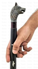Antique Wolf Head Brass Handle Black Wooden Walking Stick Cane Men's