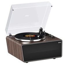 All in One Vinyl Record Player,Bluetooth Turntable Built in 4 Black Walnut Wood