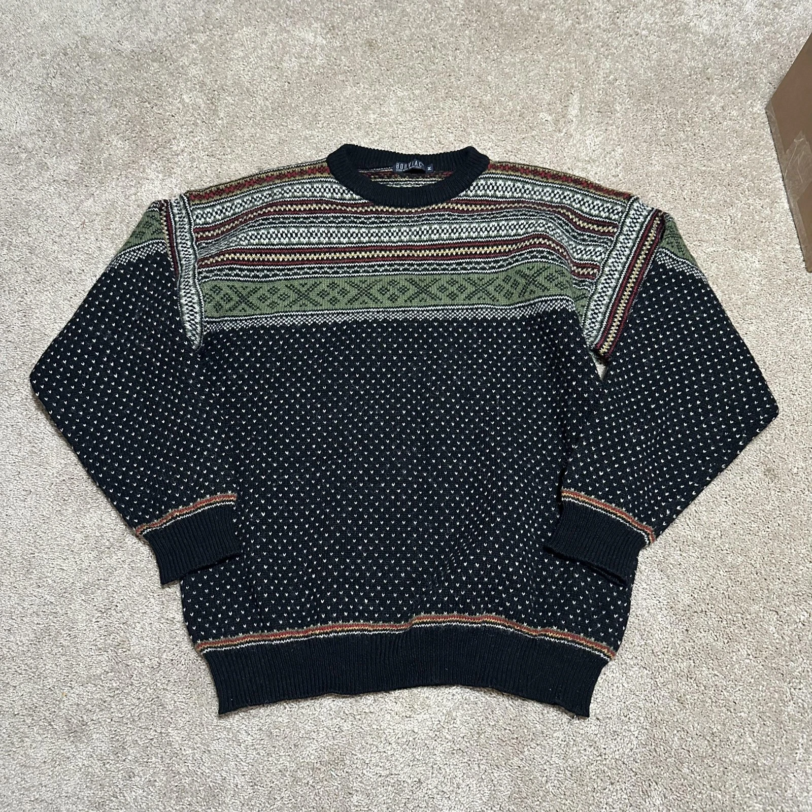 Bouviac Sweater Mens Medium Multicolor Fair Isle Nordic Knit Crewneck Pullover