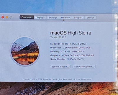 Apple MacBook Pro 13-Inch Mid 2010 Intel Core 2 Duo 2.66GHz 4GB 320M High Sierra
