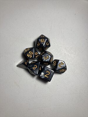 New 7 Piece Polyhedral Black W/ Gold Number Dice Set Only! No Bag!