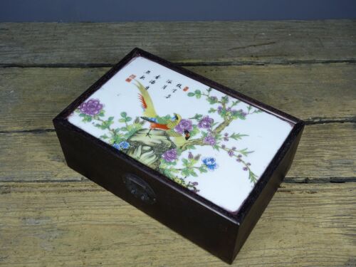 Old Collection Purple Sandalwood Porcelain Plate Painting Box Jewelry Box - Picture 1 of 9