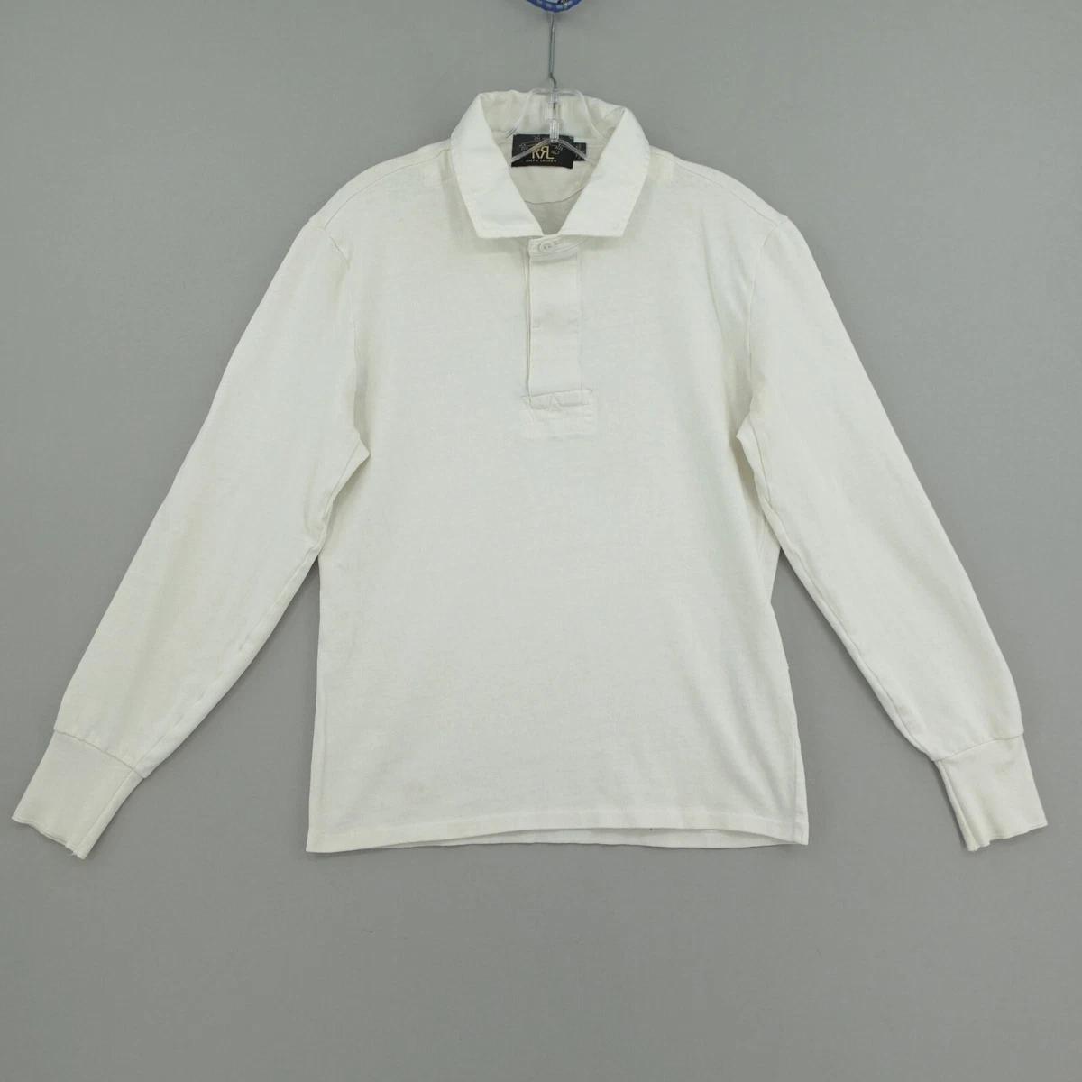RRL Double RL Ralph Lauren Rugby Polo Shirt Mens Medium White Long Sleeve Slim