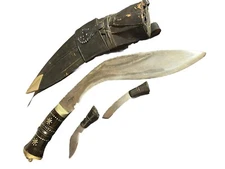 Antique Gurkha Kukri Khukuri Knife w/ Scabbard & Little Knives lion head handle