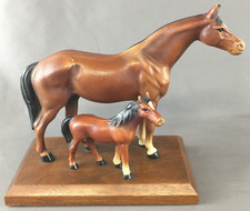 Vintage Cast Iron Statue Figurine Mare with Foal Horse Pair on Wooden Base