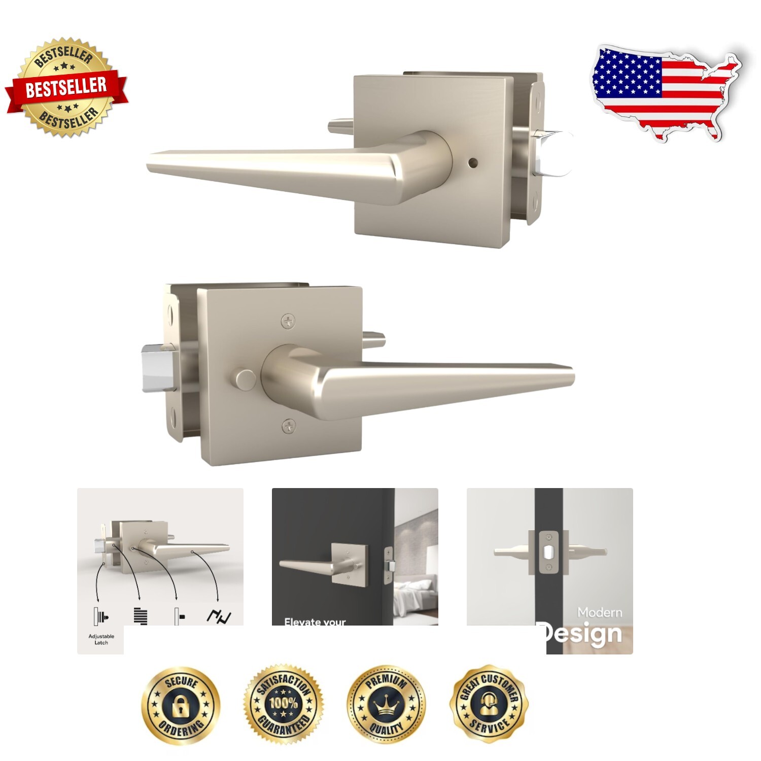 Universal Privacy Door Lever Lock Set - Keyless, ADA Compliant, Satin Nickel