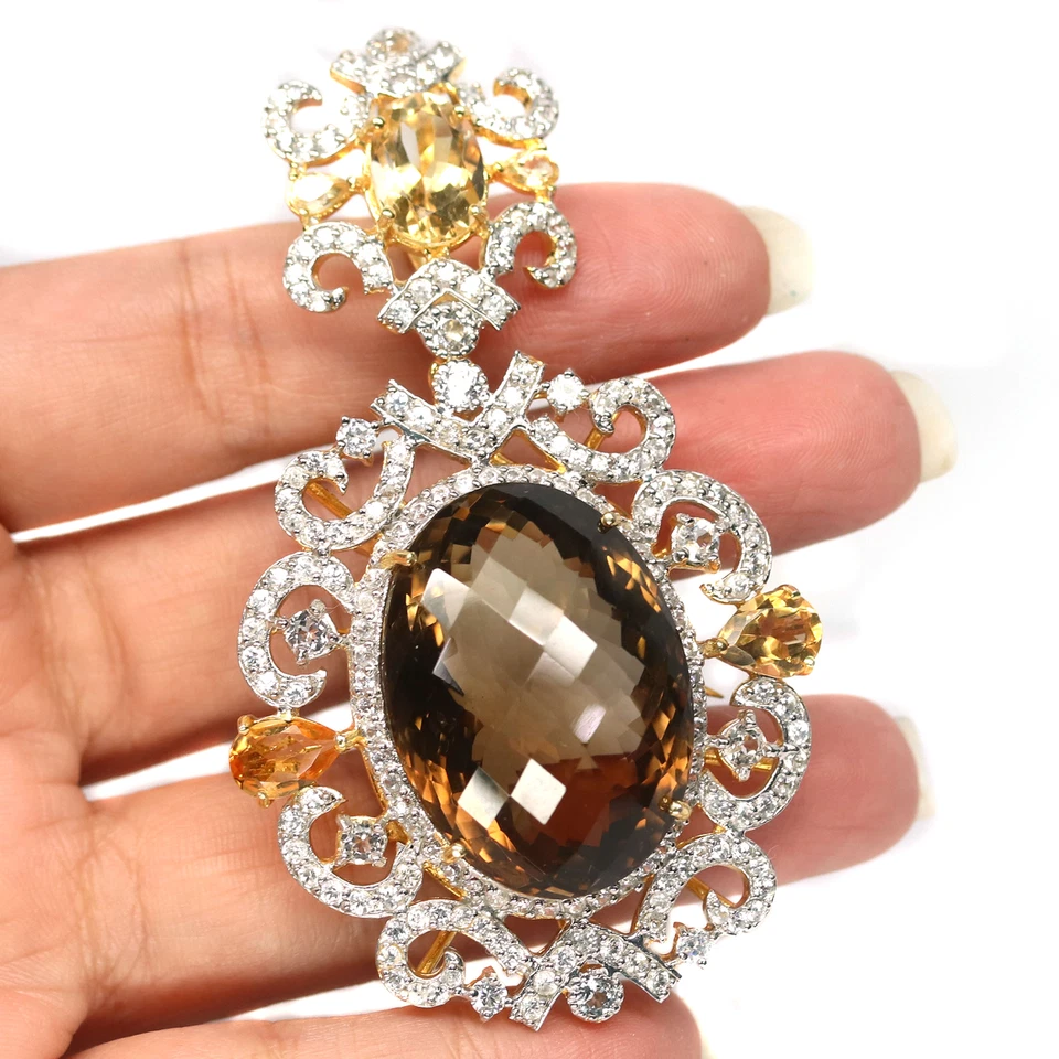 Natural 24 X 34 mm. Broche Topacio Circón Citrino Cuarzo Ahumado Plata 925 Foto 2 de 4