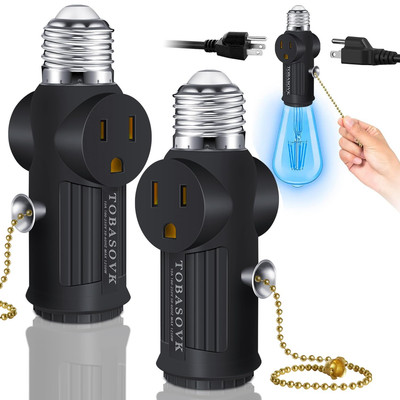 2 PCS Light Socket to Plug Adapter, Both Sides Sockets Support 3 Prong Light Soc