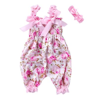 Flower Print Romper-For Baby Girls Elastic Shoulder Strap Jumpsuit With Headband