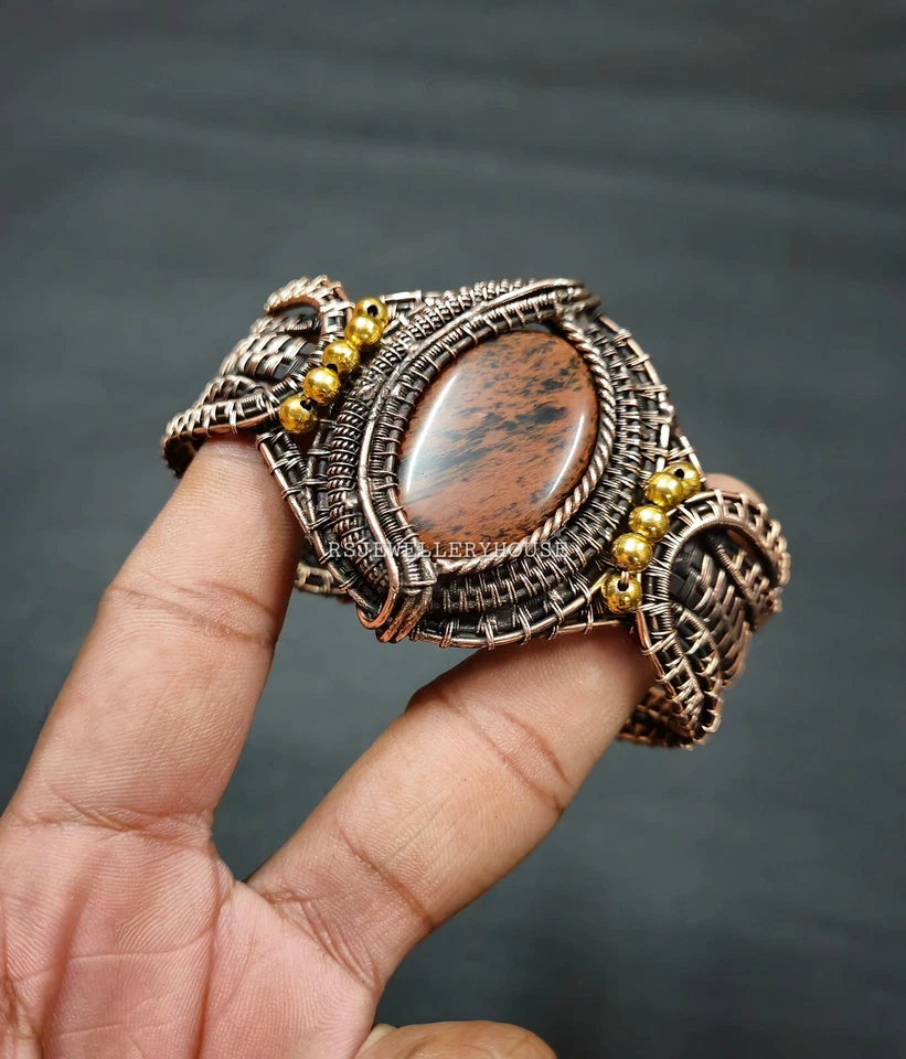 Brazalete Brazalete Brazalete Rojo Piel Serpiente Jaspe Envuelto en Alambre de Cobre Hermoso Brazalete de Piedras Preciosas Foto 4 de 4