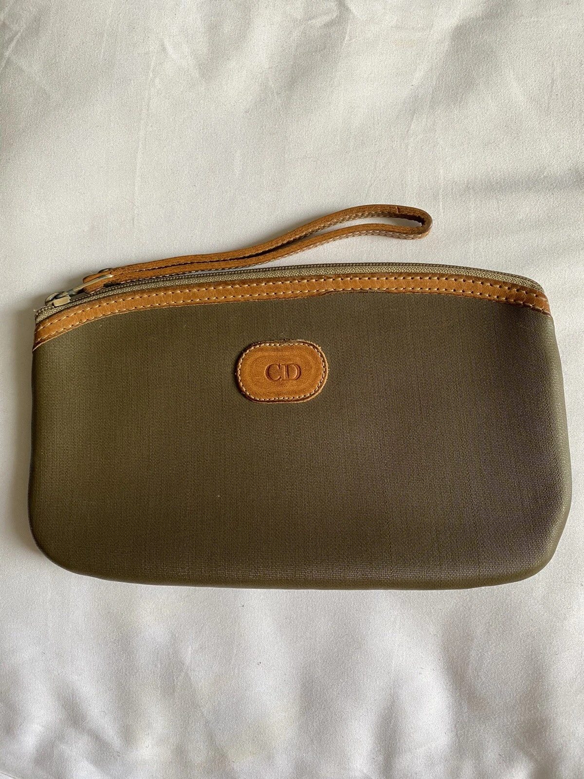 Pochette pochette maquillage CHRISTIAN DIOR vintage toile enduite grise garniture cuir marron