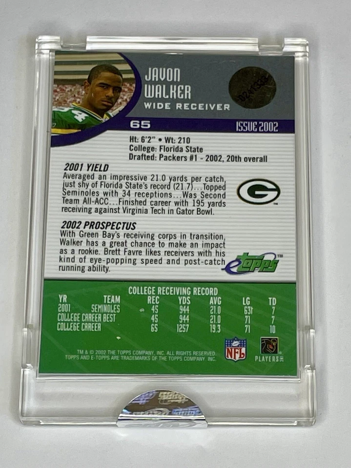 Javon Walker 2002 eTopps #65 RC Sealed Encased Rookie Green Bay Packers - Image 2 of 2