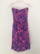 Lilly Pulitzer Windsor Strapless Dress Iris Blue Pink Zebra Print Pima Cotton XS
