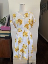 Simply Vera Wang White Yellow Flowers Summer Sun Dress M Lined Retro A-line Midi