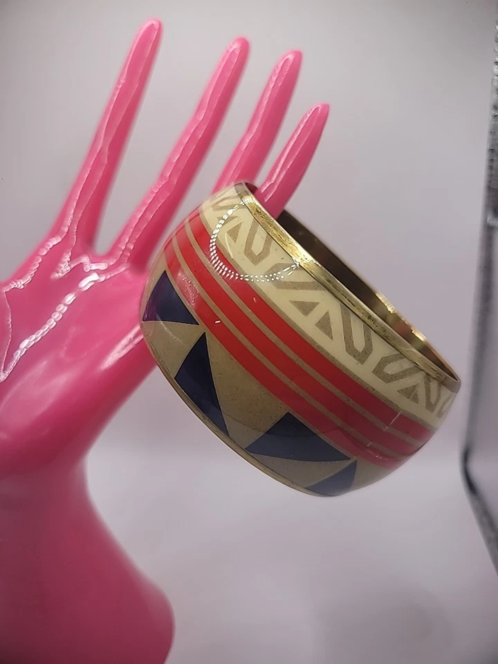 Pulsera Brazalete Vintage Beige Rojo Azul Tono Dorado Joyería Disfraz Foto 4 de 4