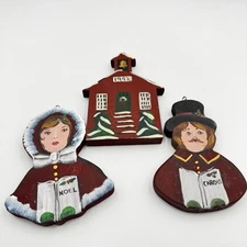 VTG 90s Primitive Country Christmas Ornaments Set Lot 3 Folk Art Handmade Red