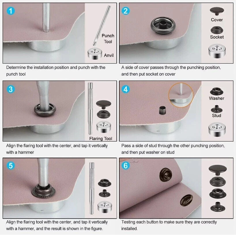 Metal Snap Fastener Button Kit 70 Sets 5/8" Stainless Steel Kit for Leather 15mm - Image 3 of 4