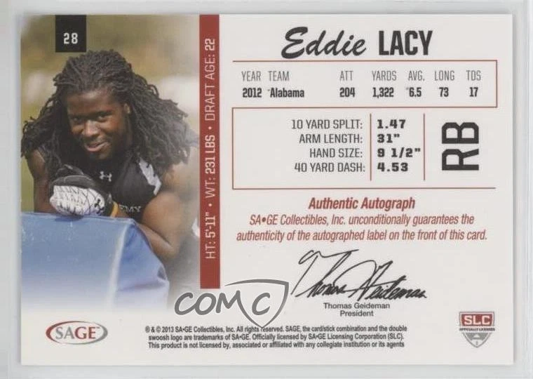 2013 SAGE Auto Green /50 Eddie Lacy #28 Rookie Auto RC - Image 2 of 2