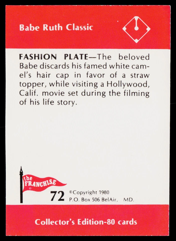 1980 Franchise Babe Ruth #72 Babe Ruth Excellent - Image 2 of 2