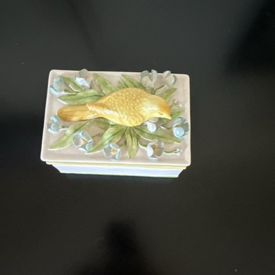 Italy Porcelain Trinket Box with Lid, Yellow Bird & Blue Floral Design