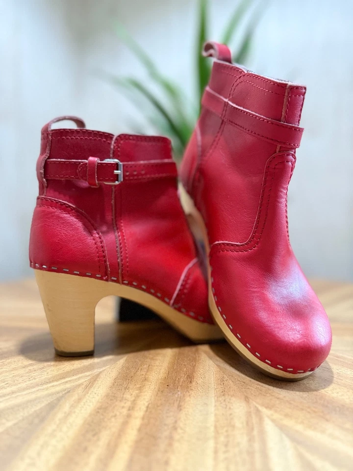Botas suecas Hasbeens Jodhpur tamanco couro fivela de madeira rara vermelho cereja tamanho 37 - Imagem 4 de 4