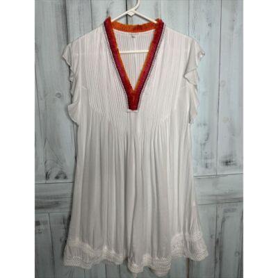 POUPETTE ST BARTH WHITE COLORFUL TRIM SASHA PLEATED FLUTTER SLEEVE MINI DRESS S