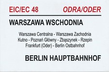 Zuglaufschild EIC 48 ODRA Warszawa - Berlin / EC 49 ODER Berlin - Warszawa