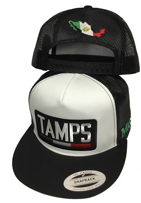 TAMAULIPAS MEXICO A LADO Y EL MAPA A TRAS 3 LOGOS HAT WHITE BLACK MESH
