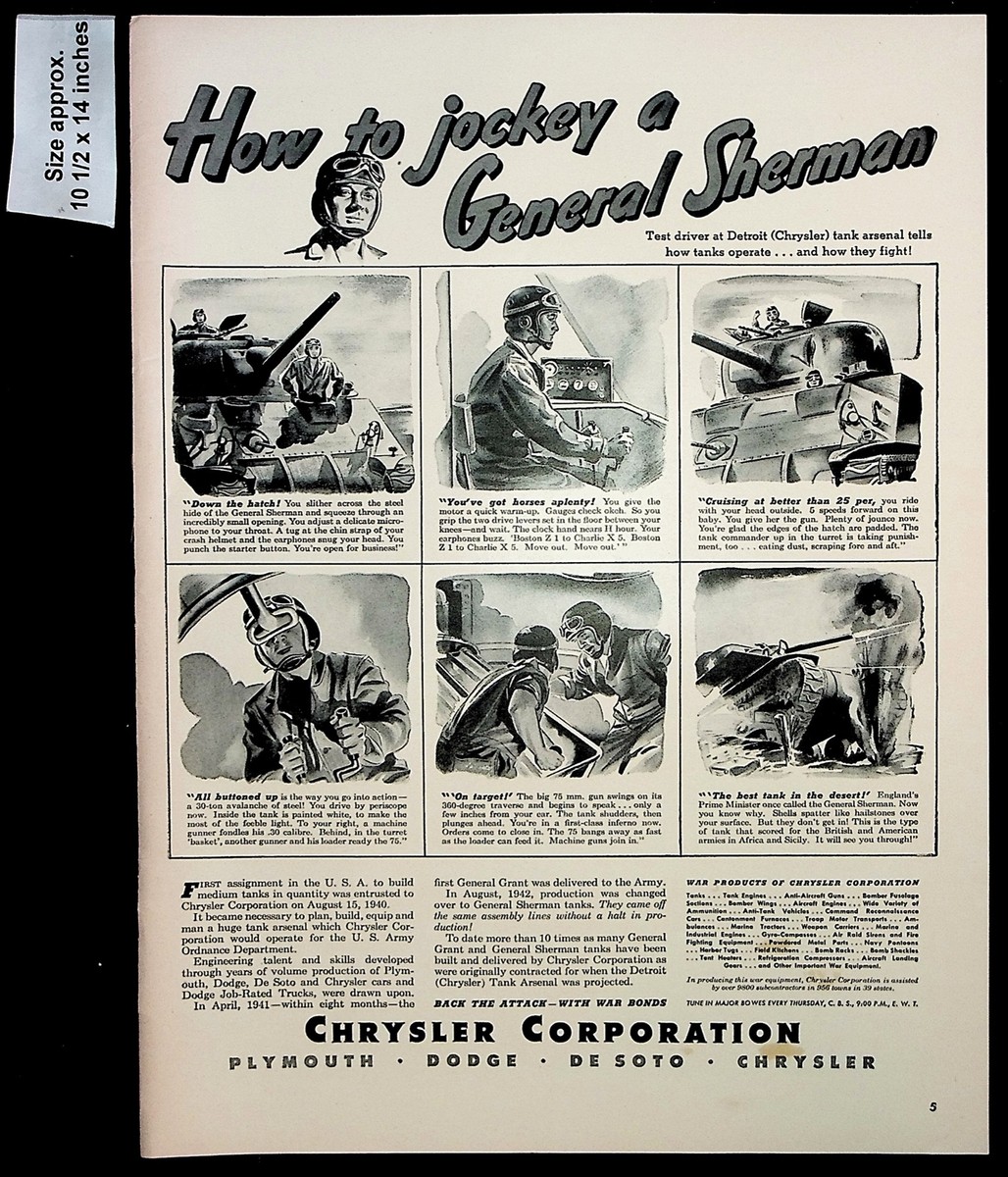 1943 Chrysler Corp General Sherman Tank Arsenal War Vintage Print 