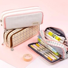 Pencil Case Grid Canvas Pen School Supplies Pencil Bag Box Pouch Stationery