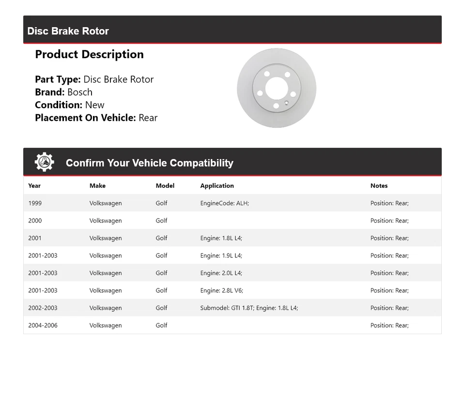 Rotor de freno de disco trasero QuietCast 2000 2001 para Volkswagen Golf Bosch 1999-2006 Foto 2 de 4