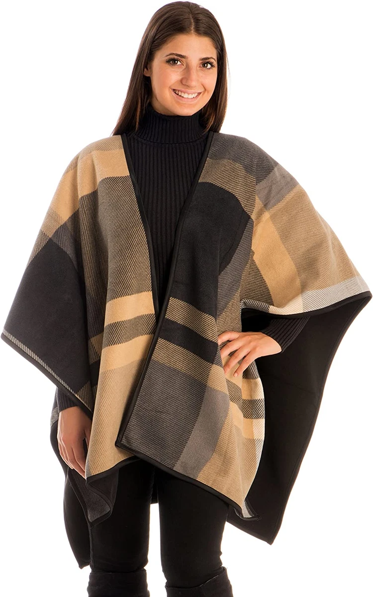 BYOS Women S Winter Stylish Oversized Plaid Soft Fleece Poncho