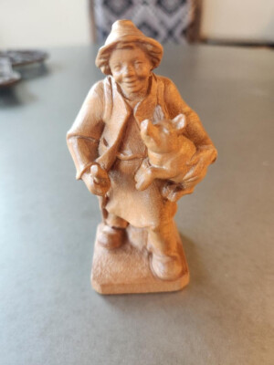 Walter Stahli Wood Carving Hiker with Pig 4''