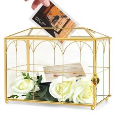Glass Wedding Card Box with Slot, 10.2 x 5.9 x 7.9 Inches Handmade Vintage Go...