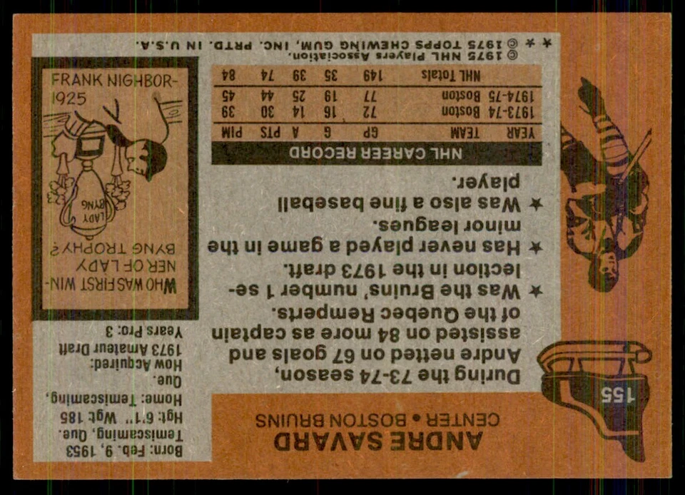 1975-76 Topps Andre Savard Boston Bruins #155 - Image 2 of 2