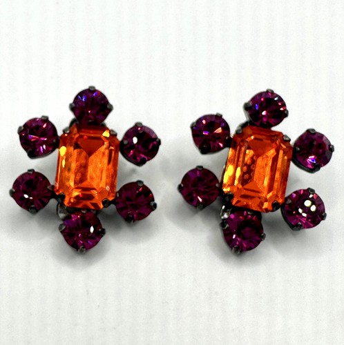 Orecchini Vintage Tedeschi Clip Stikkelorum Strass Rosa e Arancione Super Bling - Foto 1 di 7