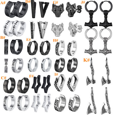 4pcs Norse Viking Runes Hoop Stud Earrings Men Women Mythology Amulet Jewelry